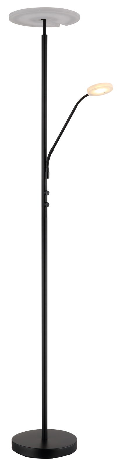 Moderner Deckenfluter Globo Lighting STANFORD in schwarzer Ausführung mit zusätzlichem Leselicht, seitliche Perspektive.