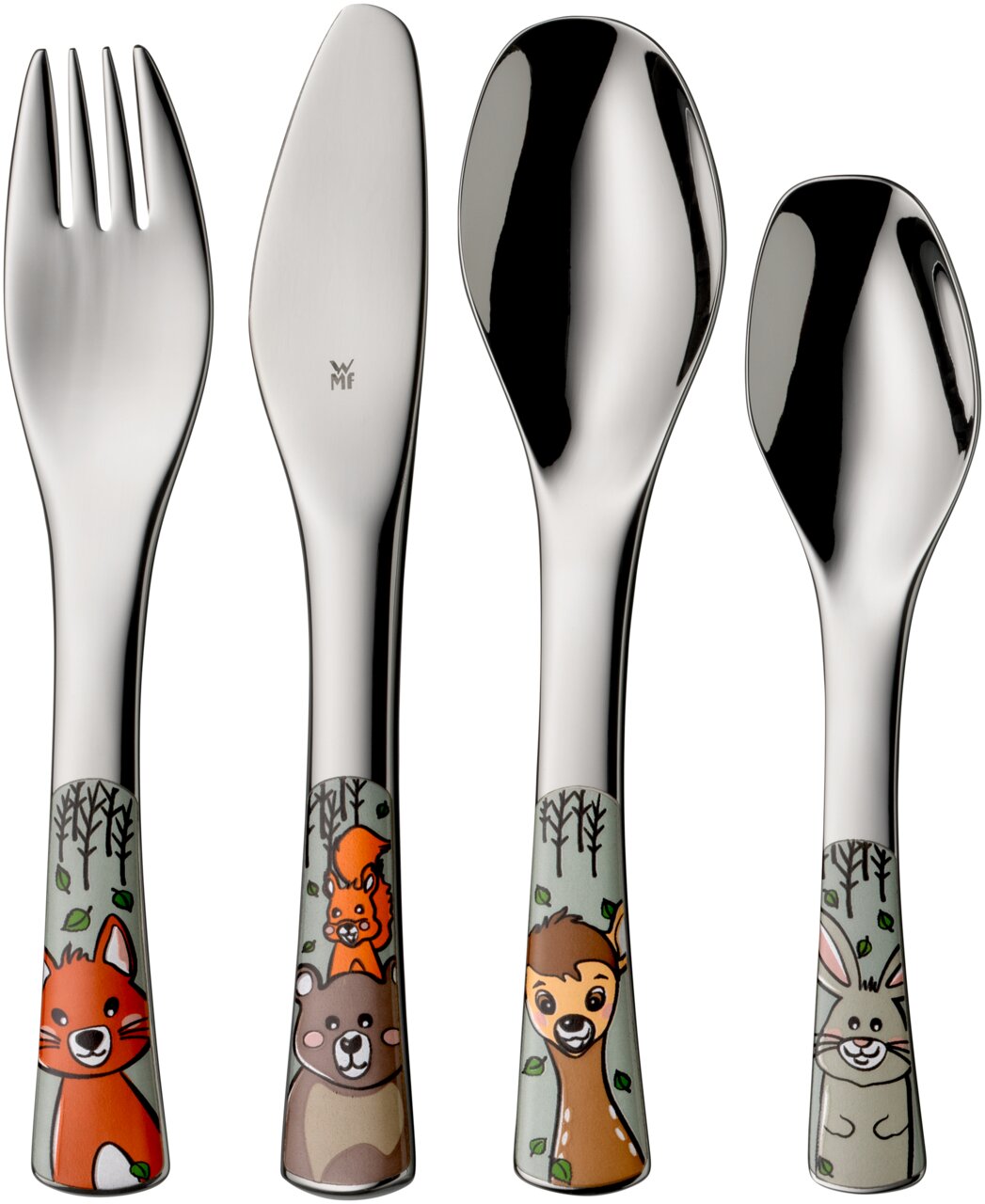 Kinderbesteck-Set mit Waldtieren, bestehend aus Gabel, Messer, großer und kleiner Löffel, frontal abgebildet.