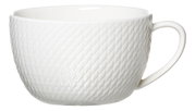 Weiße Cappuccinoobertasse mit Rautenmuster, seitliche Perspektive