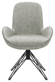 Grauer Armlehnstuhl mit modernem Design, schwarzem Metallgestell und texturierter Polsterung, Frontalansicht