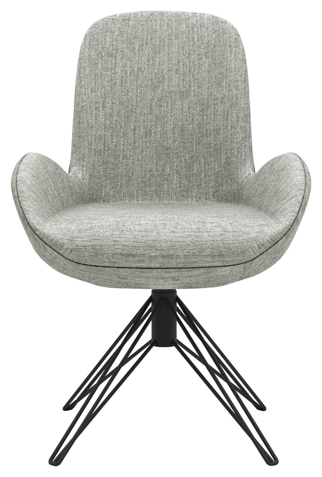 Grauer Armlehnstuhl mit modernem Design, schwarzem Metallgestell und texturierter Polsterung, Frontalansicht
