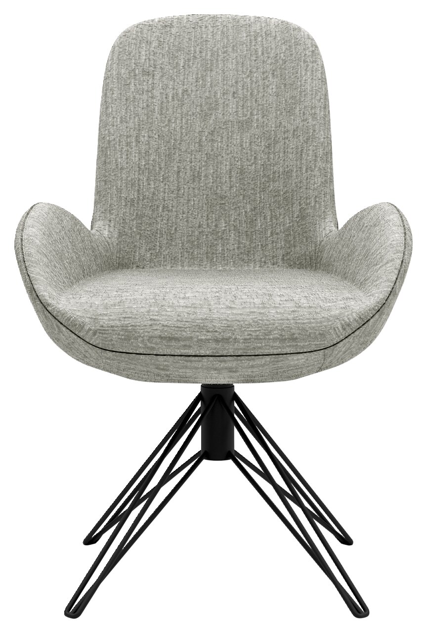 Grauer Armlehnstuhl mit modernem Design, schwarzem Metallgestell und texturierter Polsterung, Frontalansicht