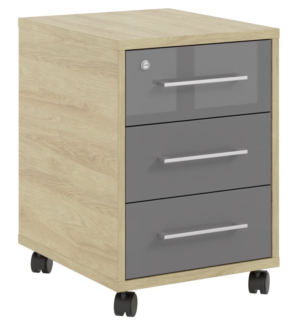 Rollcontainer mit drei Schubladen, Holzoptik und grauen Fronten, auf Rollen, seitliche Perspektive