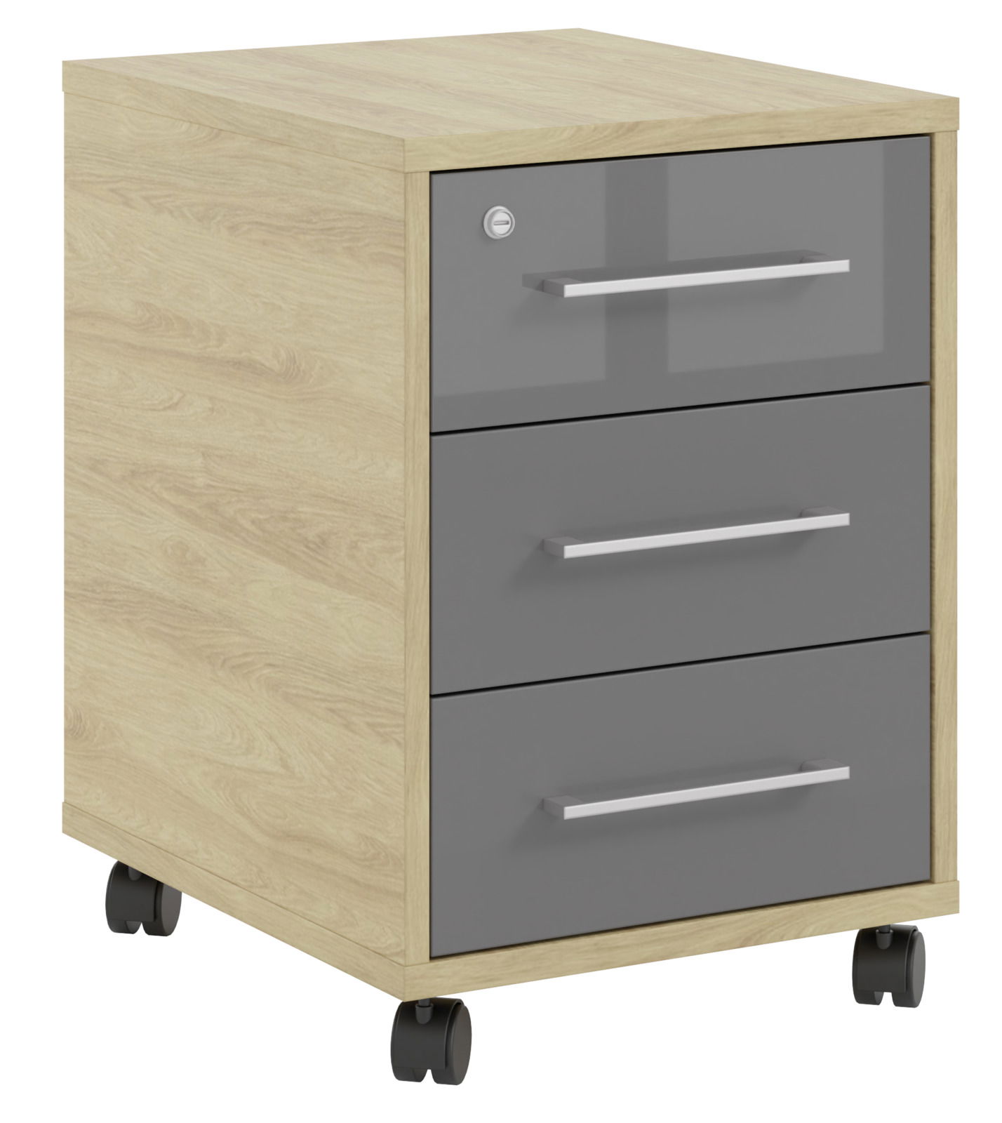 Manjana Rollcontainer OHIO Rollcontainer mit drei Schubladen, Holzoptik und grauen Fronten, auf Rollen, seitliche Perspektive
