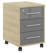 Rollcontainer mit drei Schubladen, Holzoptik und grauen Fronten, auf Rollen, seitliche Perspektive