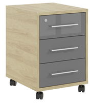Rollcontainer mit drei Schubladen, Holzoptik und grauen Fronten, auf Rollen, seitliche Perspektive