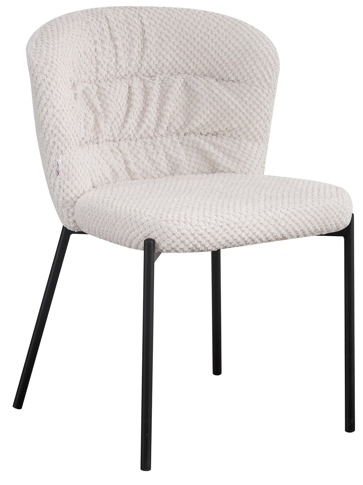 Moderner Stuhl mit cremefarbenem, strukturiertem Stoffbezug und schwarzen Metallbeinen, seitliche Perspektive