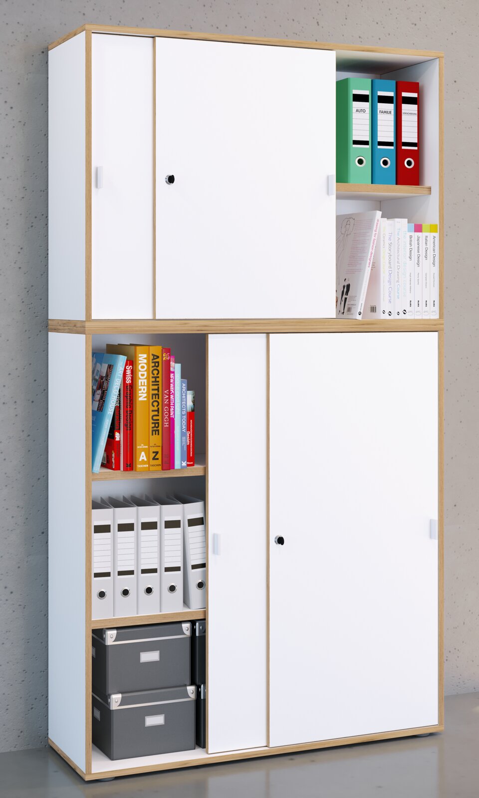 Hoher Büro-Aufbewahrungsschrank in Weiß mit Holzrahmen und Schiebetüren, teils geöffnet mit Ordnern und Büchern, aus leicht schräger Vorderansicht