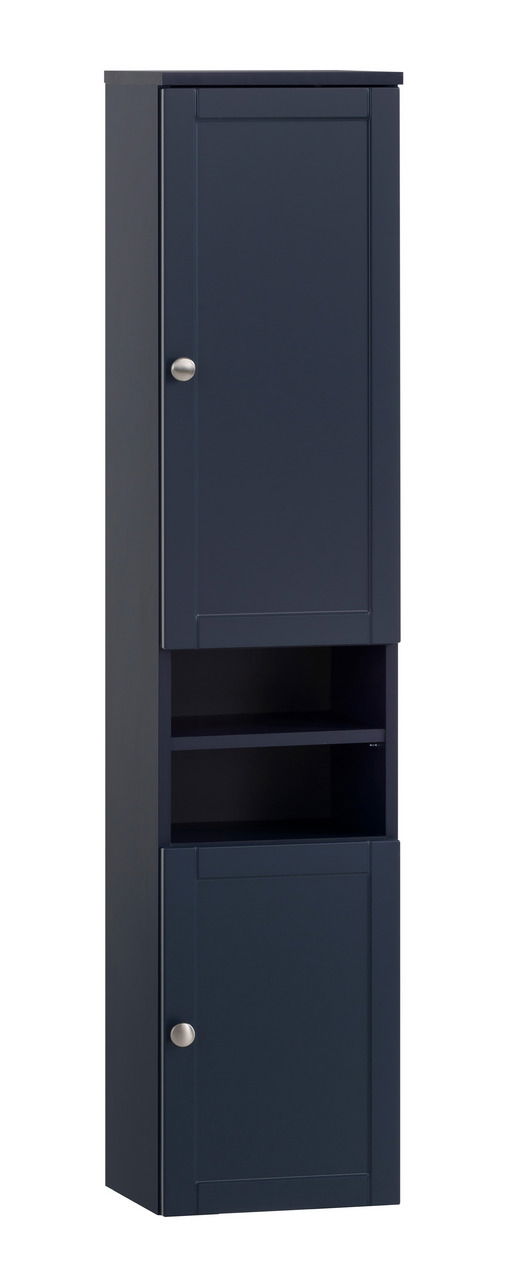 Hochschrank in dunklem Blau mit zwei Türen und offenen Regalfächern, Frontalansicht