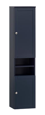 Hochschrank in dunklem Blau mit zwei Türen und offenen Regalfächern, Frontalansicht
