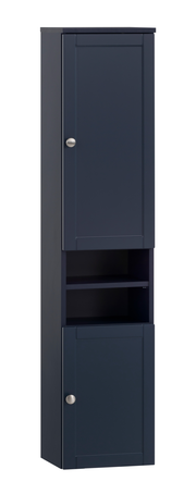 Hochschrank in dunklem Blau mit zwei Türen und offenen Regalfächern, Frontalansicht