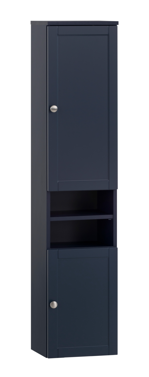 Hochschrank in dunklem Blau mit zwei Türen und offenen Regalfächern, Frontalansicht