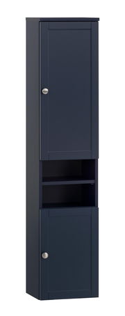 Hochschrank in dunklem Blau mit zwei Türen und offenen Regalfächern, Frontalansicht