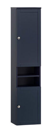 Hochschrank in dunklem Blau mit zwei Türen und offenen Regalfächern, Frontalansicht