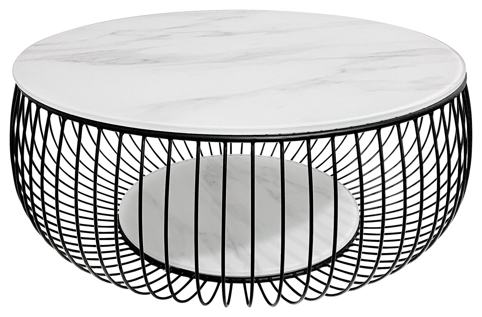 Runder Couchtisch mit weißer Marmorplatte und schwarzem Gittergestell, seitliche Perspektive