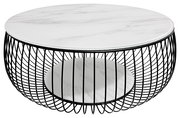 Runder Couchtisch mit weißer Marmorplatte und schwarzem Gittergestell, seitliche Perspektive