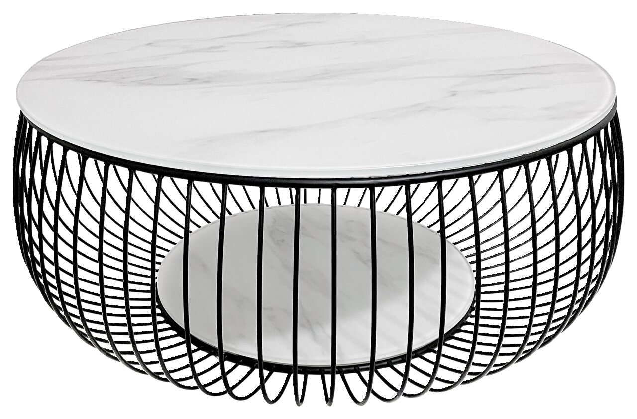 Runder Couchtisch mit weißer Marmorplatte und schwarzem Gittergestell, seitliche Perspektive