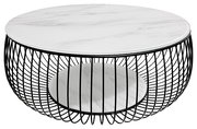Runder Couchtisch mit weißer Marmorplatte und schwarzem Gittergestell, seitliche Perspektive