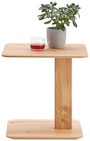 Beistelltisch aus Holz mit einer Pflanze und einem Glas Tee, frontal betrachtet.