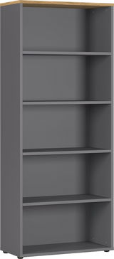 Graues Aktenregal mit vier Einlegeböden und einer Holzoberfläche, Frontalansicht