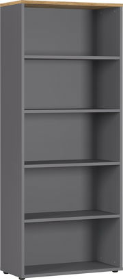 Graues Aktenregal mit vier Einlegeböden und einer Holzoberfläche, Frontalansicht