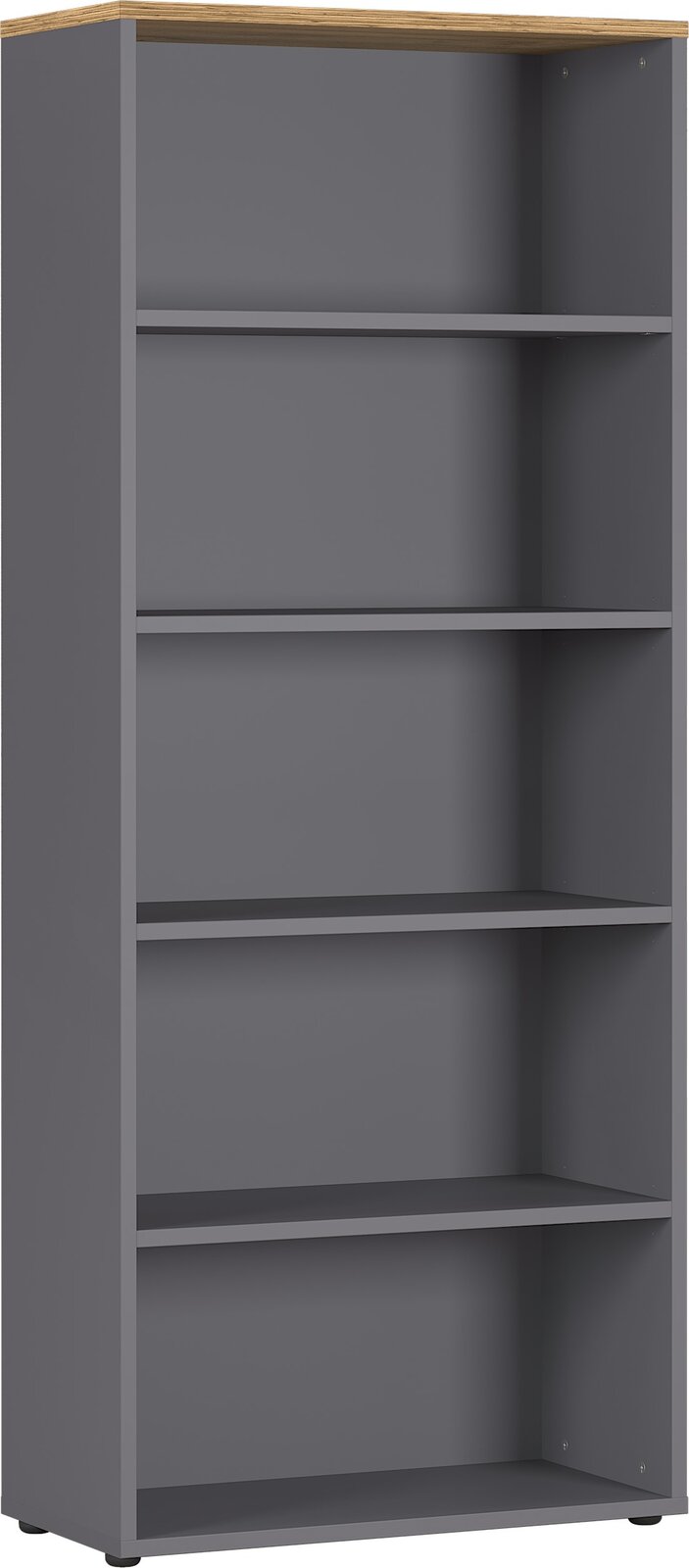 Graues Aktenregal mit vier Einlegeböden und einer Holzoberfläche, Frontalansicht