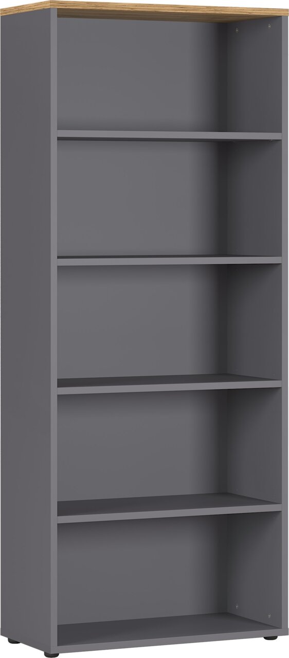 MID.YOU Aktenregal AGENDA HOME Graues Aktenregal mit vier Einlegeböden und einer Holzoberfläche, Frontalansicht