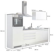 Küchenblock 260 in weißer Farbe mit integriertem Backofen, Herd und Spüle, seitliche Perspektive