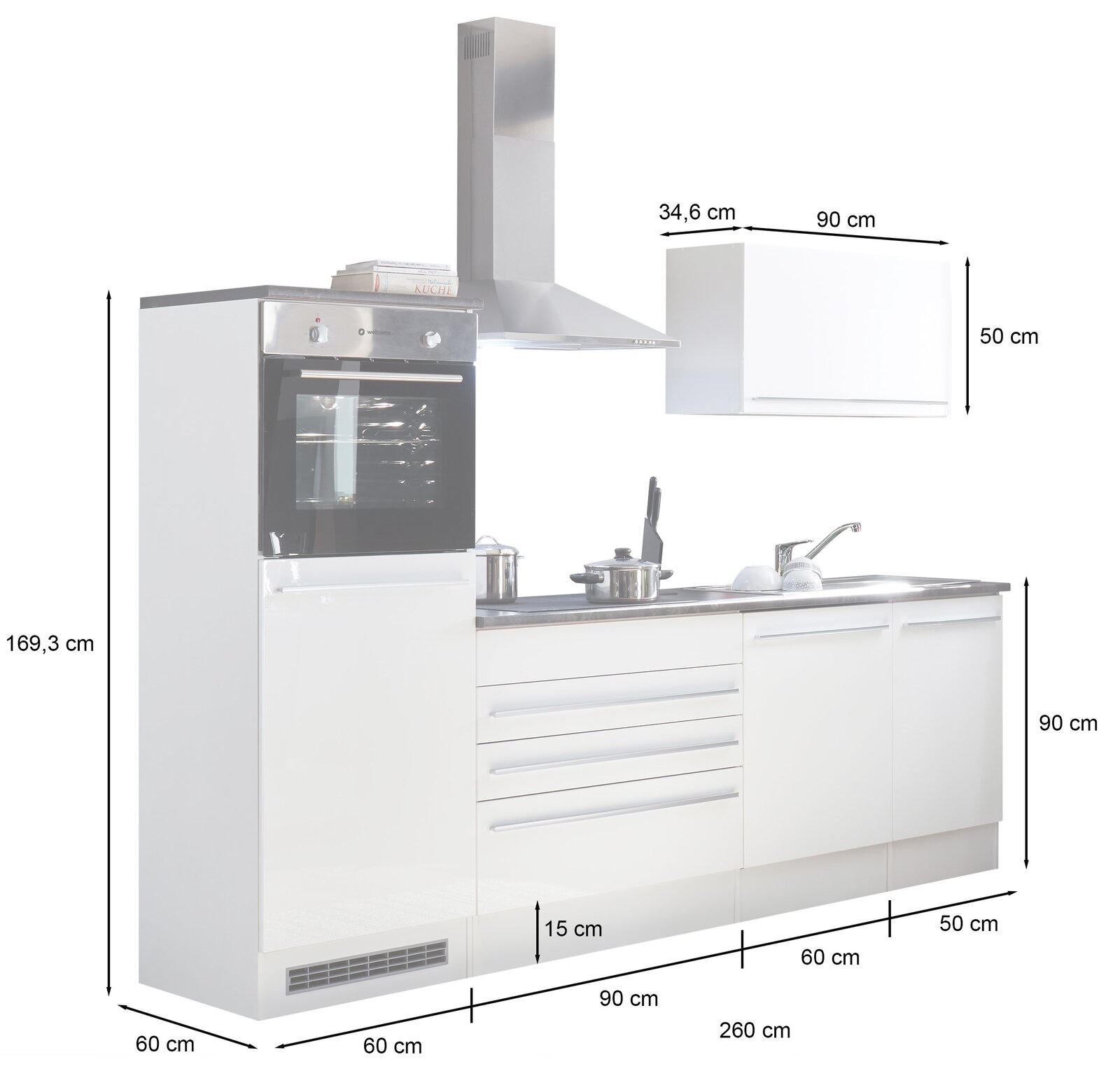 Küchenblock 260 in weißer Farbe mit integriertem Backofen, Herd und Spüle, seitliche Perspektive
