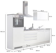 Küchenblock 260 in weißer Farbe mit integriertem Backofen, Herd und Spüle, seitliche Perspektive