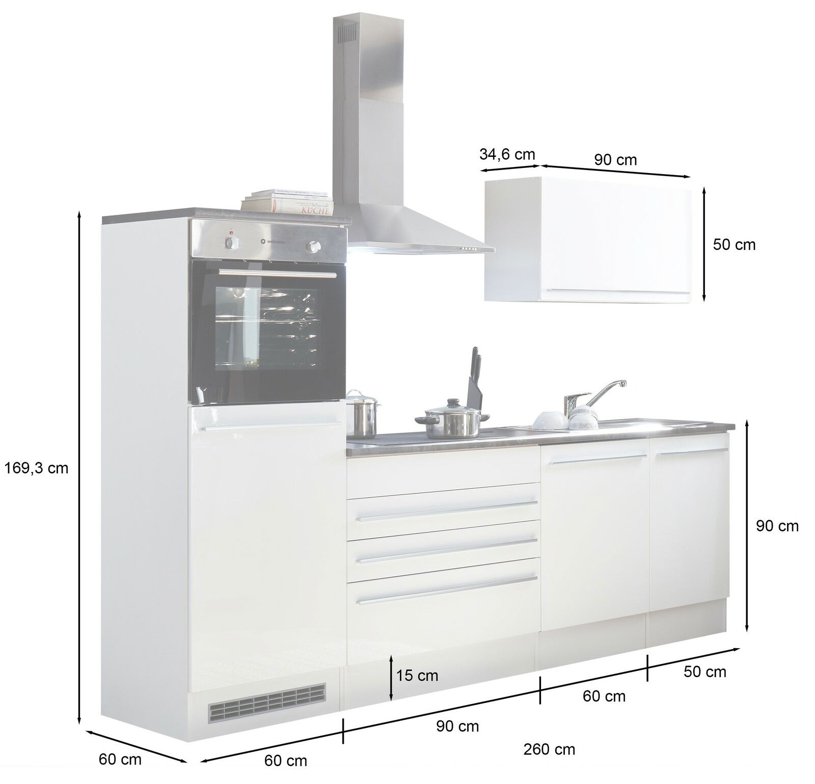 Küchenblock 260 in weißer Farbe mit integriertem Backofen, Herd und Spüle, seitliche Perspektive