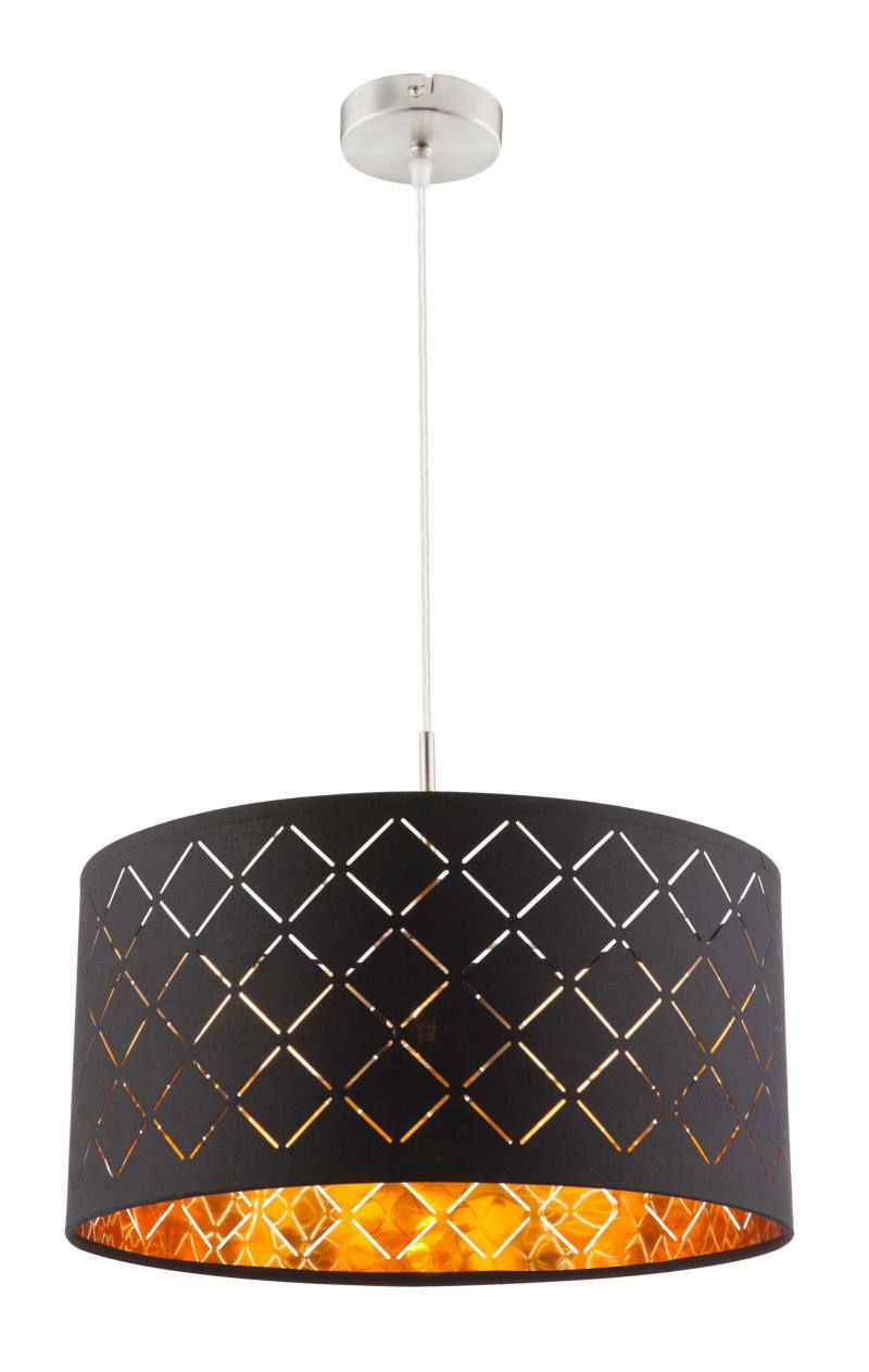 Moderne Hängeleuchte in Nickel matt mit schwarzem Lampenschirm und geometrischem Muster, seitliche Perspektive