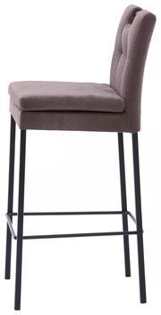 Seitenansicht eines modernen Barhockers mit gepolsterter Sitzfläche und Rückenlehne in Grau, auf schwarzen Metallbeinen.