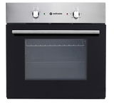 Frontansicht eines modernen Einbaubackofens mit Edelstahlblende und zwei Drehknöpfen.