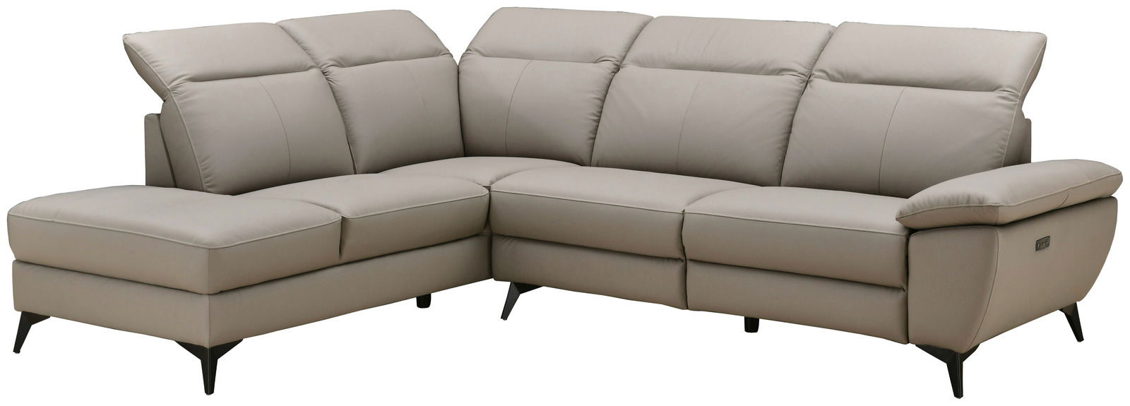 Eckgarnitur in hellgrauem Leder mit linker Ecke und rechtem Zweisitzer, Perspektive von vorne.