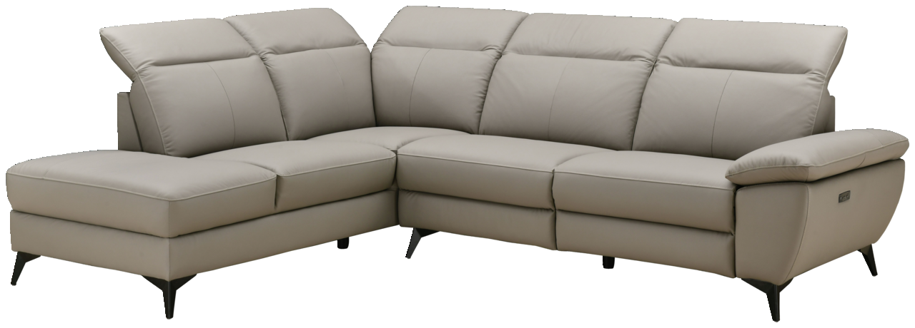 Eckgarnitur in hellgrauem Leder mit linker Ecke und rechtem Zweisitzer, Perspektive von vorne.