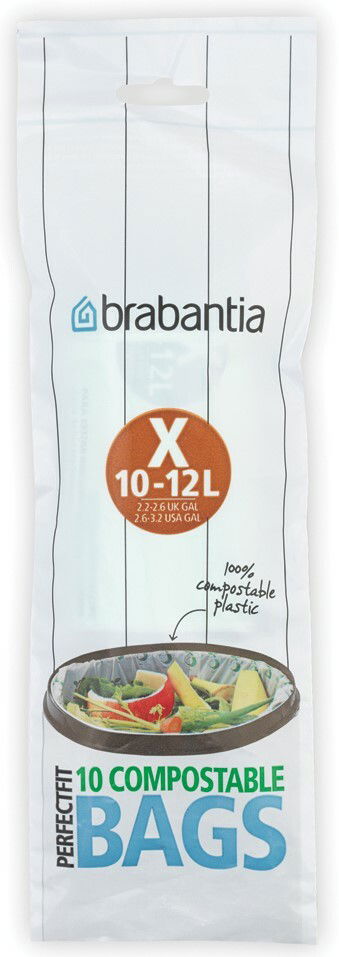 Verpackung von kompostierbaren Müllbeuteln der Marke Brabantia, Größe X für 10-12 Liter, aus 100% kompostierbarem Plastik, frontal abgebildet.