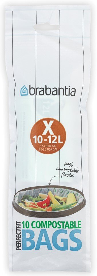 Brabantia 10 vuilniszakken Verpackung von kompostierbaren Müllbeuteln der Marke Brabantia, Größe X für 10-12 Liter, aus 100% kompostierbarem Plastik, frontal abgebildet.