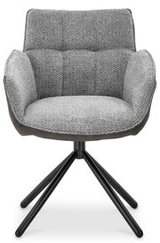 Grauer Armlehnstuhl mit gepolsterter Sitzfläche und Rückenlehne, schwarzes Metallgestell, Frontalansicht