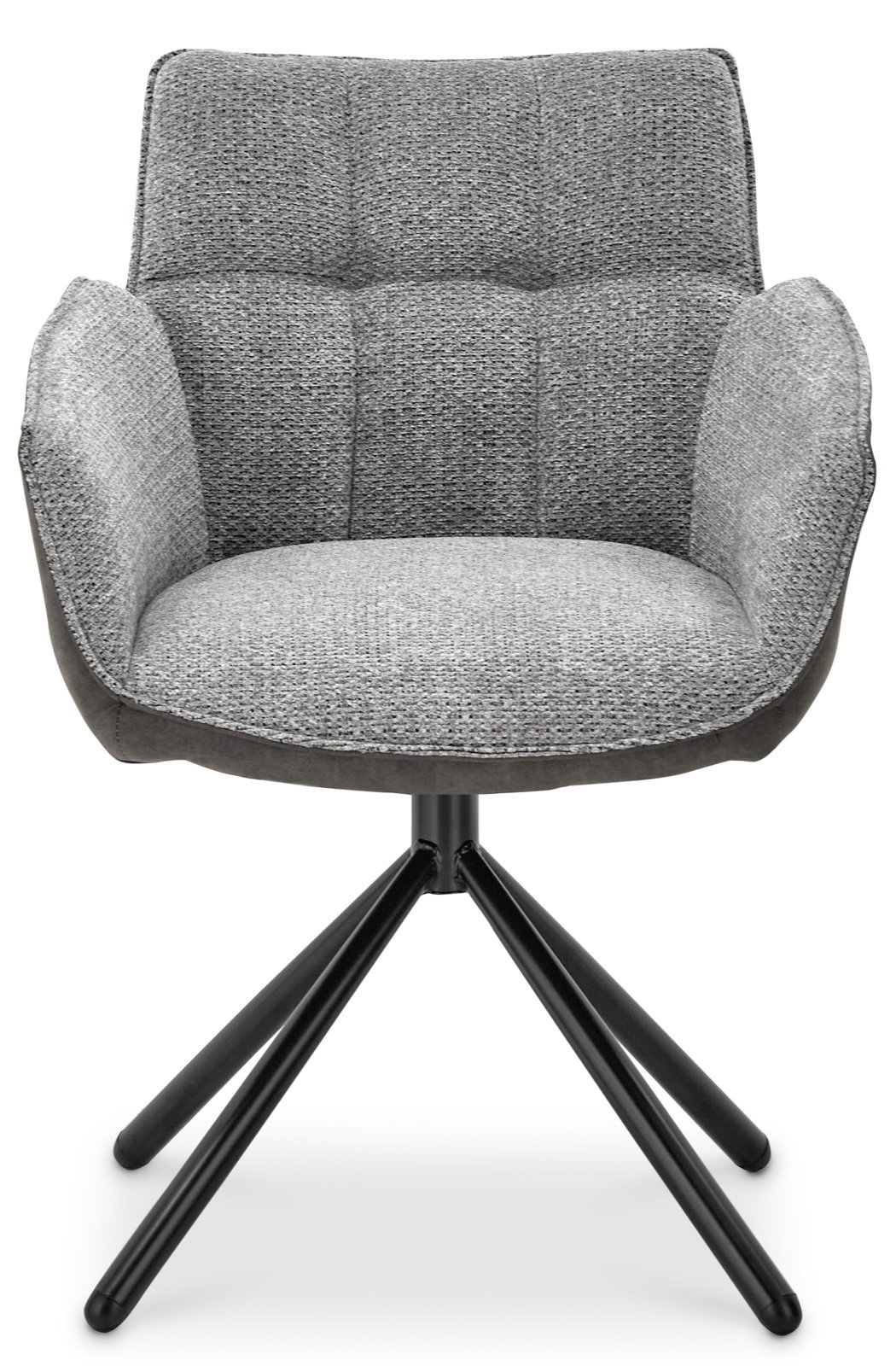 Grauer Armlehnstuhl mit gepolsterter Sitzfläche und Rückenlehne, schwarzes Metallgestell, Frontalansicht