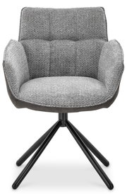 Grauer Armlehnstuhl mit gepolsterter Sitzfläche und Rückenlehne, schwarzes Metallgestell, Frontalansicht