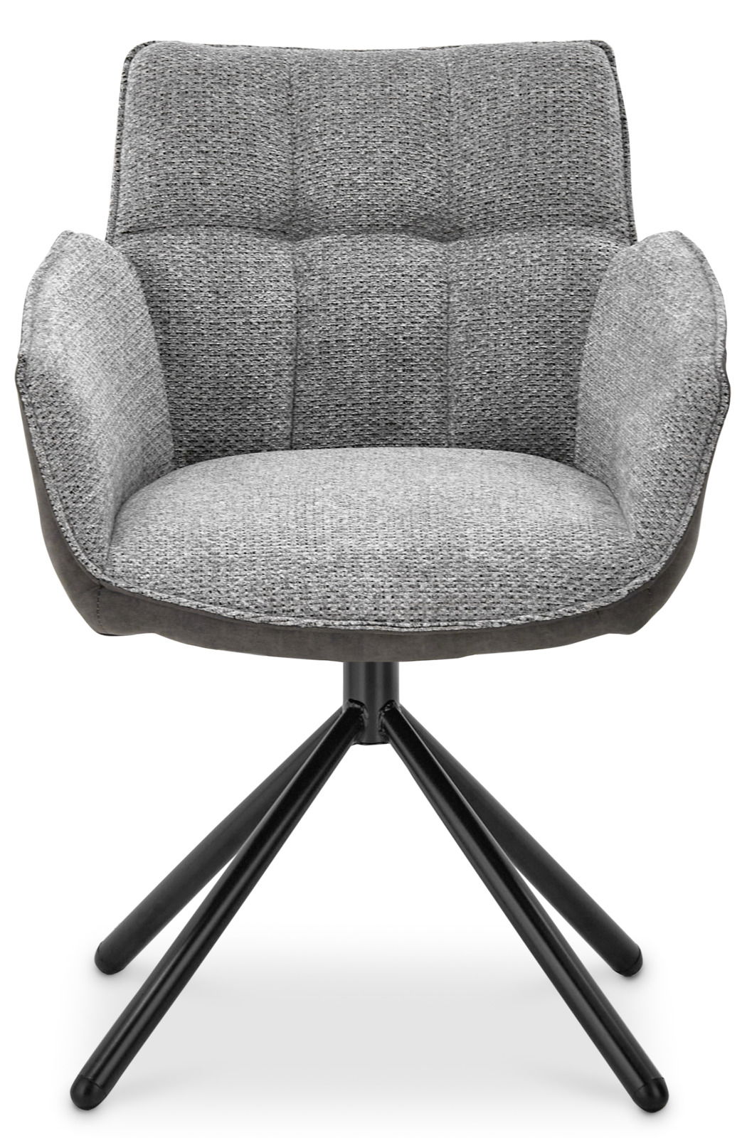 Grauer Armlehnstuhl mit gepolsterter Sitzfläche und Rückenlehne, schwarzes Metallgestell, Frontalansicht