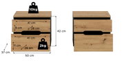 Holz-Nachttisch mit zwei Schubladen und schwarzem Rahmen, Maße ca. 50 x 37 x 42 cm, Schubladeninnenmaß ca. 41 cm Breite und 28 cm Tiefe, Frontansicht (gerade von vorn) mit Maßangaben und Belastbarkeitssymbolen.