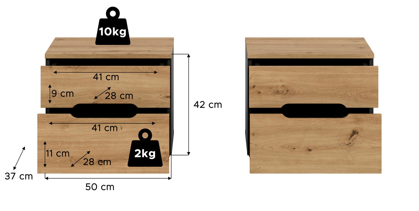Holz-Nachttisch mit zwei Schubladen und schwarzem Rahmen, Maße ca. 50 x 37 x 42 cm, Schubladeninnenmaß ca. 41 cm Breite und 28 cm Tiefe, Frontansicht (gerade von vorn) mit Maßangaben und Belastbarkeitssymbolen.
