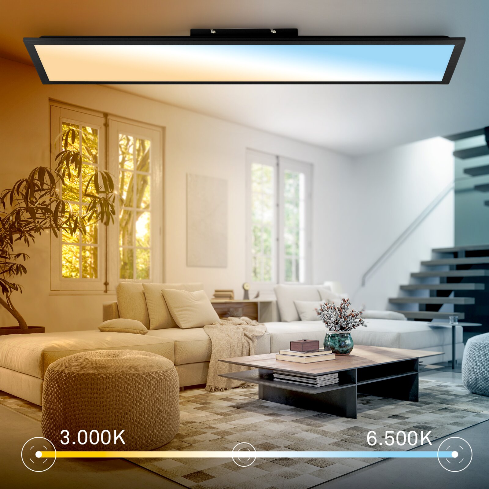 Rechteckige LED-Deckenleuchte in schwarzem Rahmen mit einstellbarer Farbtemperatur (Warmweiß 3000K bis Kaltweiß 6500K) in modernem Wohnzimmer, Ansicht leicht von unten zur Decke