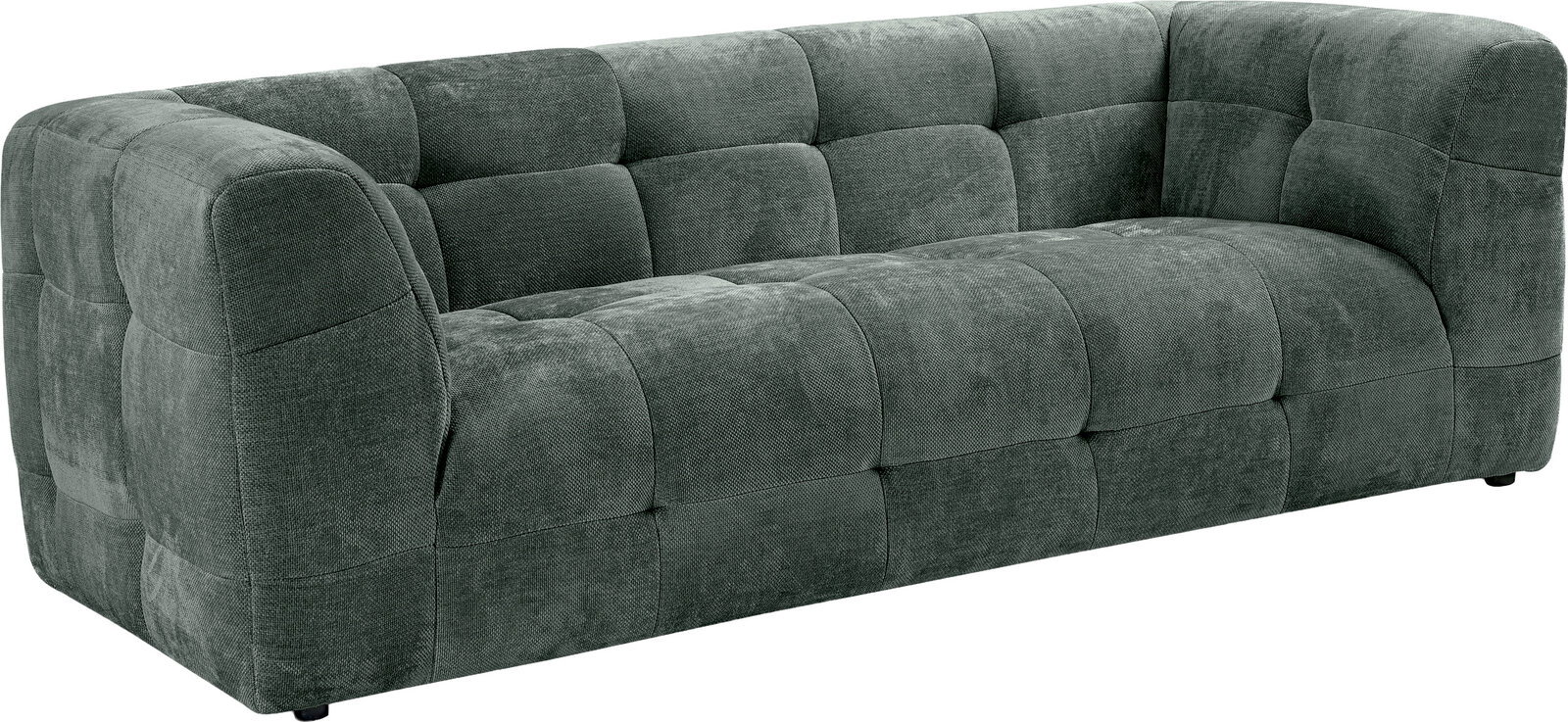 MID.YOU Sofa 2,5 Sitzer TENSO Dunkelgraues, gepolstertes 2-Sitzer-Sofa mit quadratischer Steppung und niedrigen Füßen, schräg von vorne links (3/4-Ansicht) freigestellt auf weißem Hintergrund
