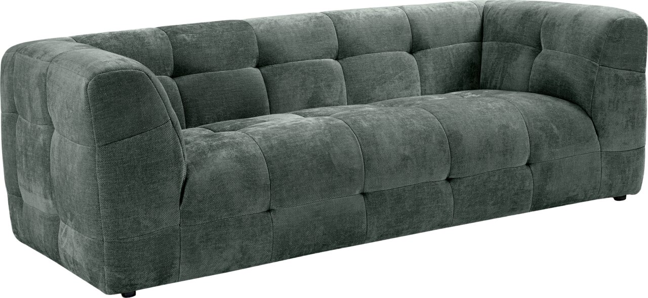 MID.YOU Sofa 2,5 Sitzer TENSO Dunkelgraues, gepolstertes 2-Sitzer-Sofa mit quadratischer Steppung und niedrigen Füßen, schräg von vorne links (3/4-Ansicht) freigestellt auf weißem Hintergrund