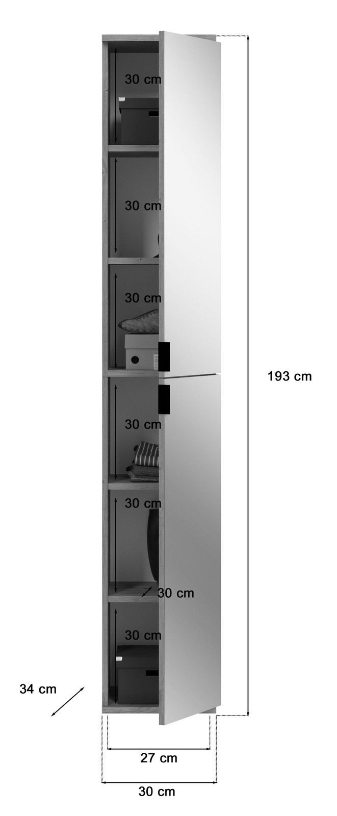 Schmaler, hoher Garderobenschrank mit mehreren Fächern, teilweise geöffnet, aus der Seitenperspektive. Maße: 193 cm hoch, 30 cm breit, 34 cm tief.