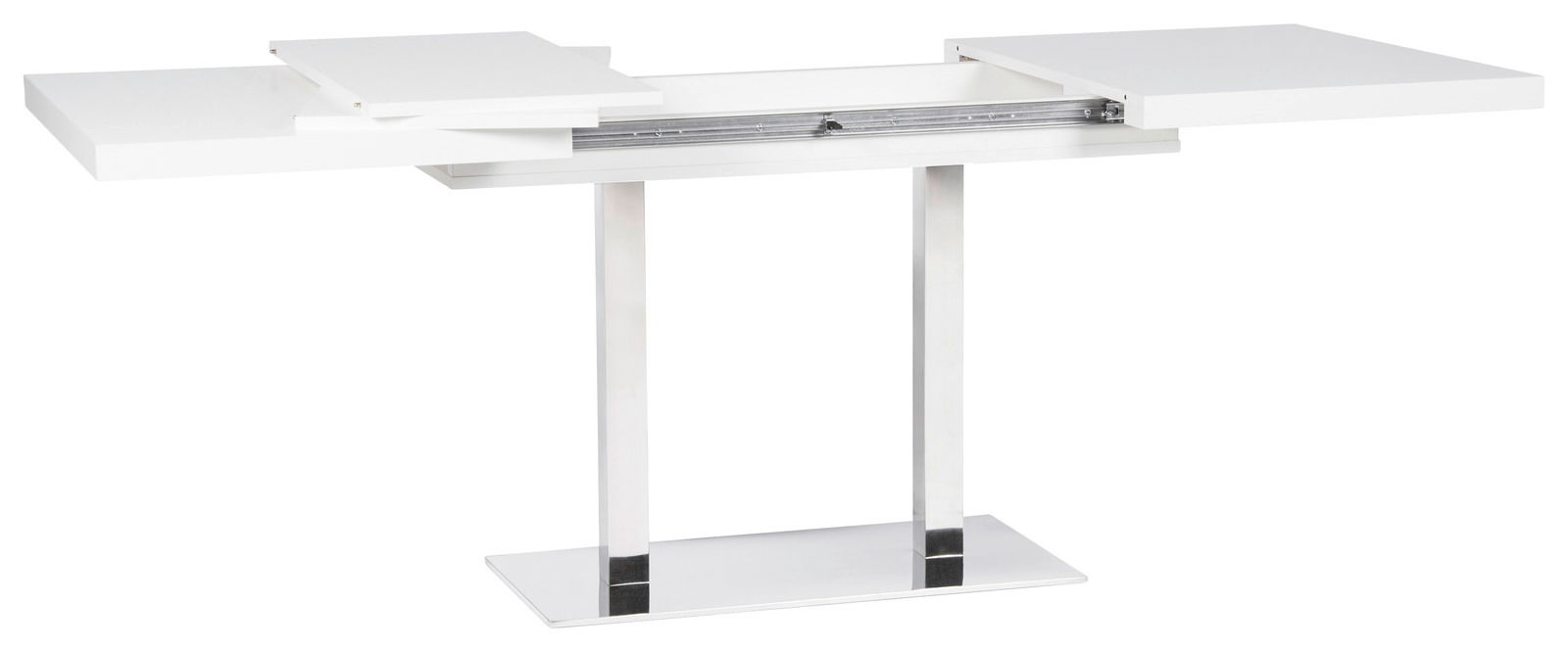Moderner weißer Esstisch mit ausziehbarer Funktion, seitliche Perspektive