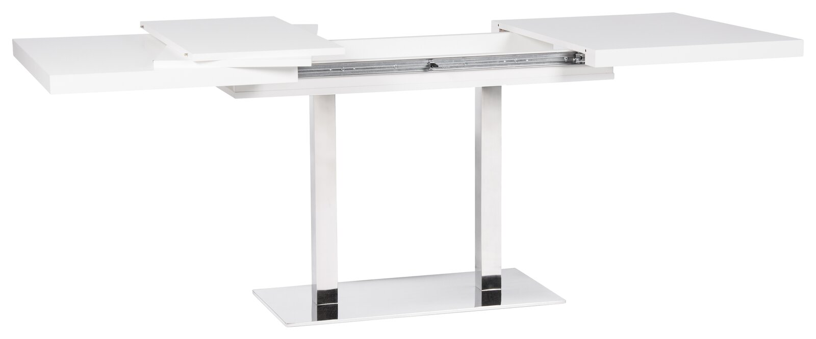 Moderner weißer Esstisch mit ausziehbarer Funktion, seitliche Perspektive